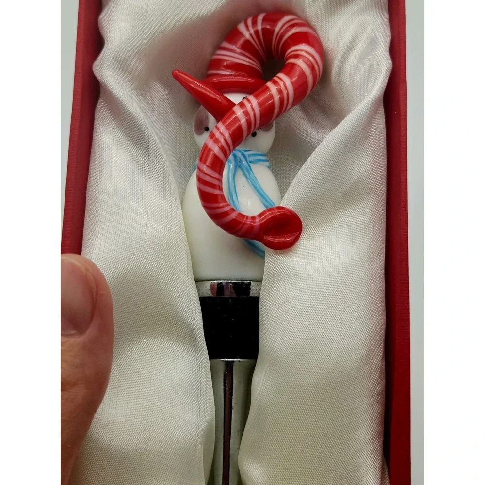 Snowman Art Glass Wine Bottle Stopper In Box Christmas Winter Large